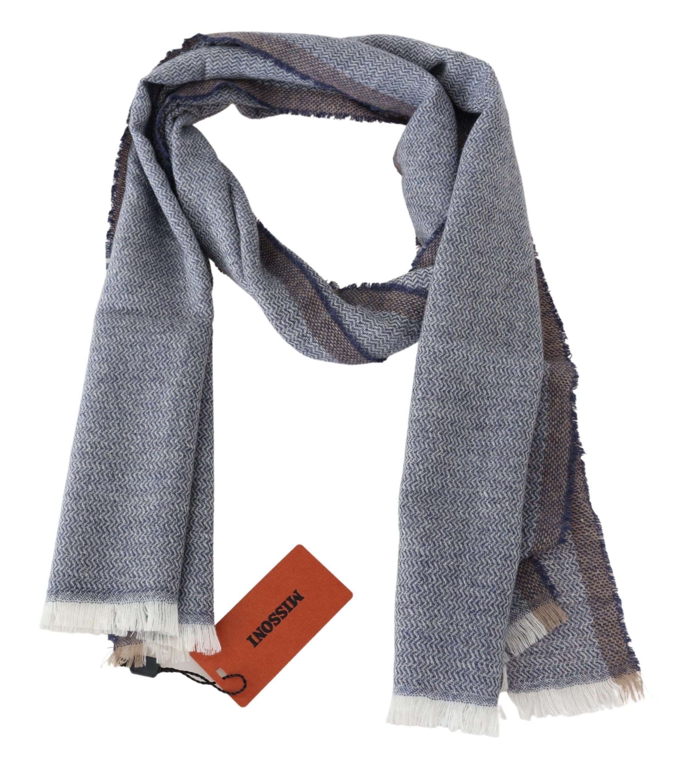 Missoni Grauer gestreifter Wollschal Unisex Halswickel Fransenschal