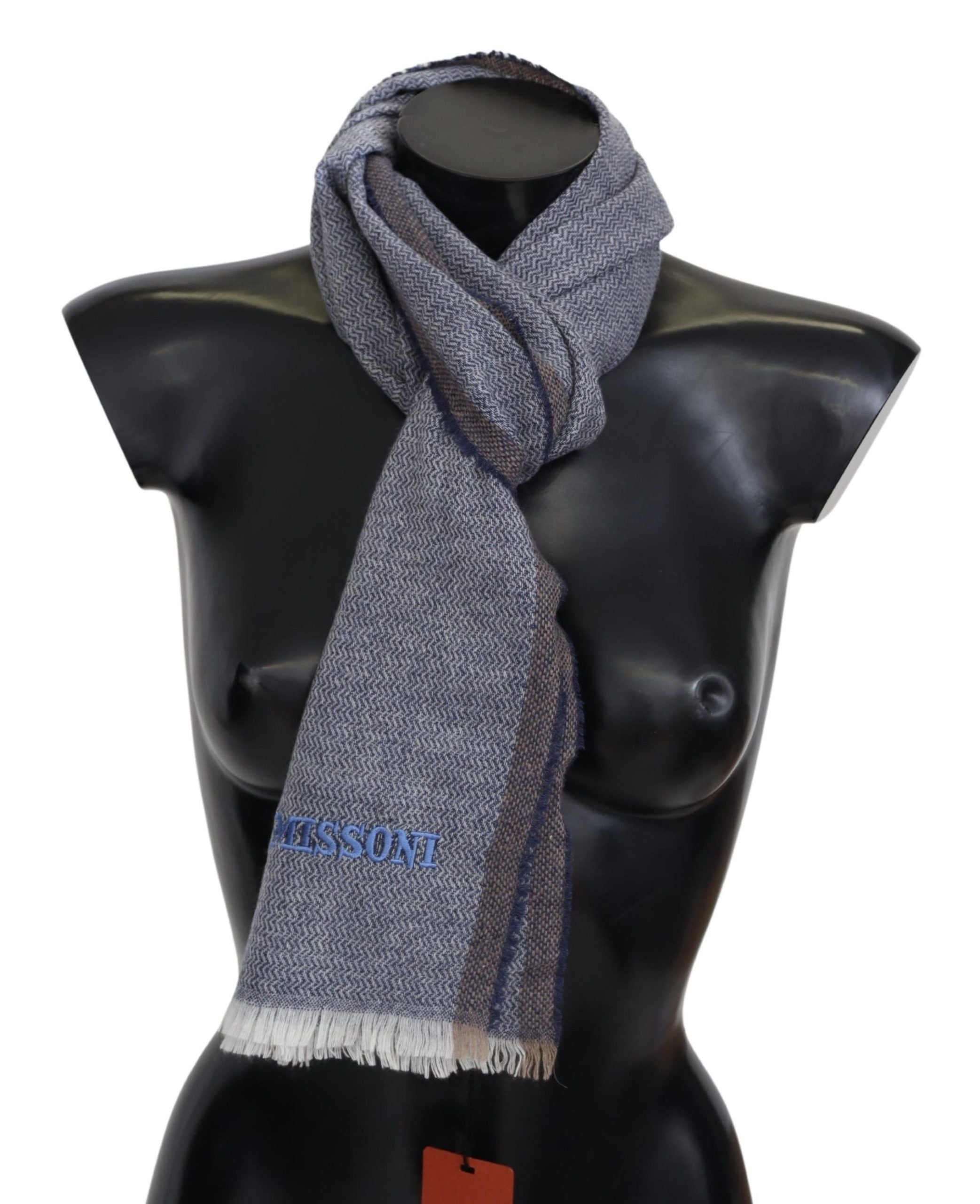 Missoni Grauer gestreifter Wollschal Unisex Halswickel Fransenschal