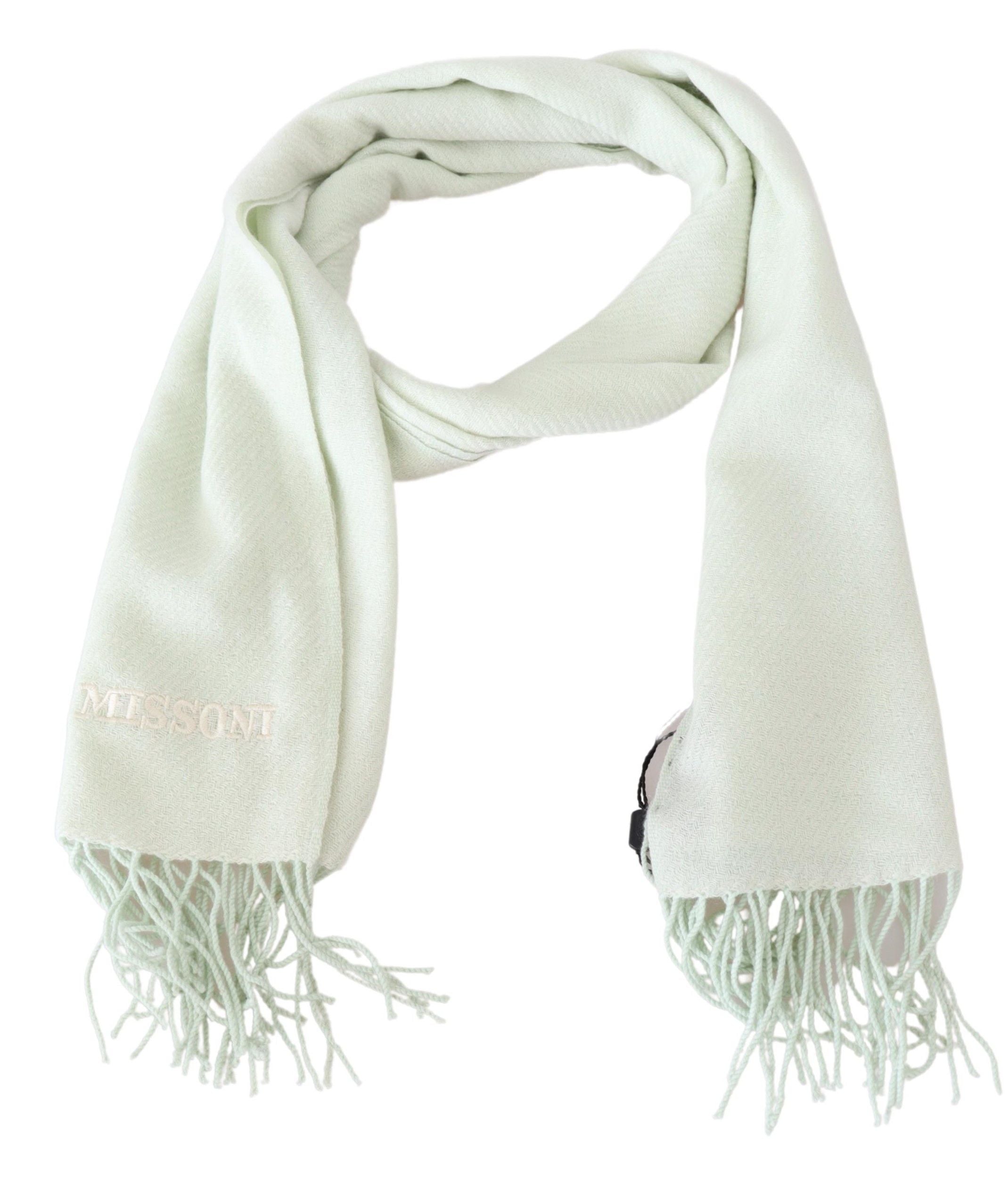 Missoni Light Green Cashmere Scarf with Pattern and Fringes, Unisex