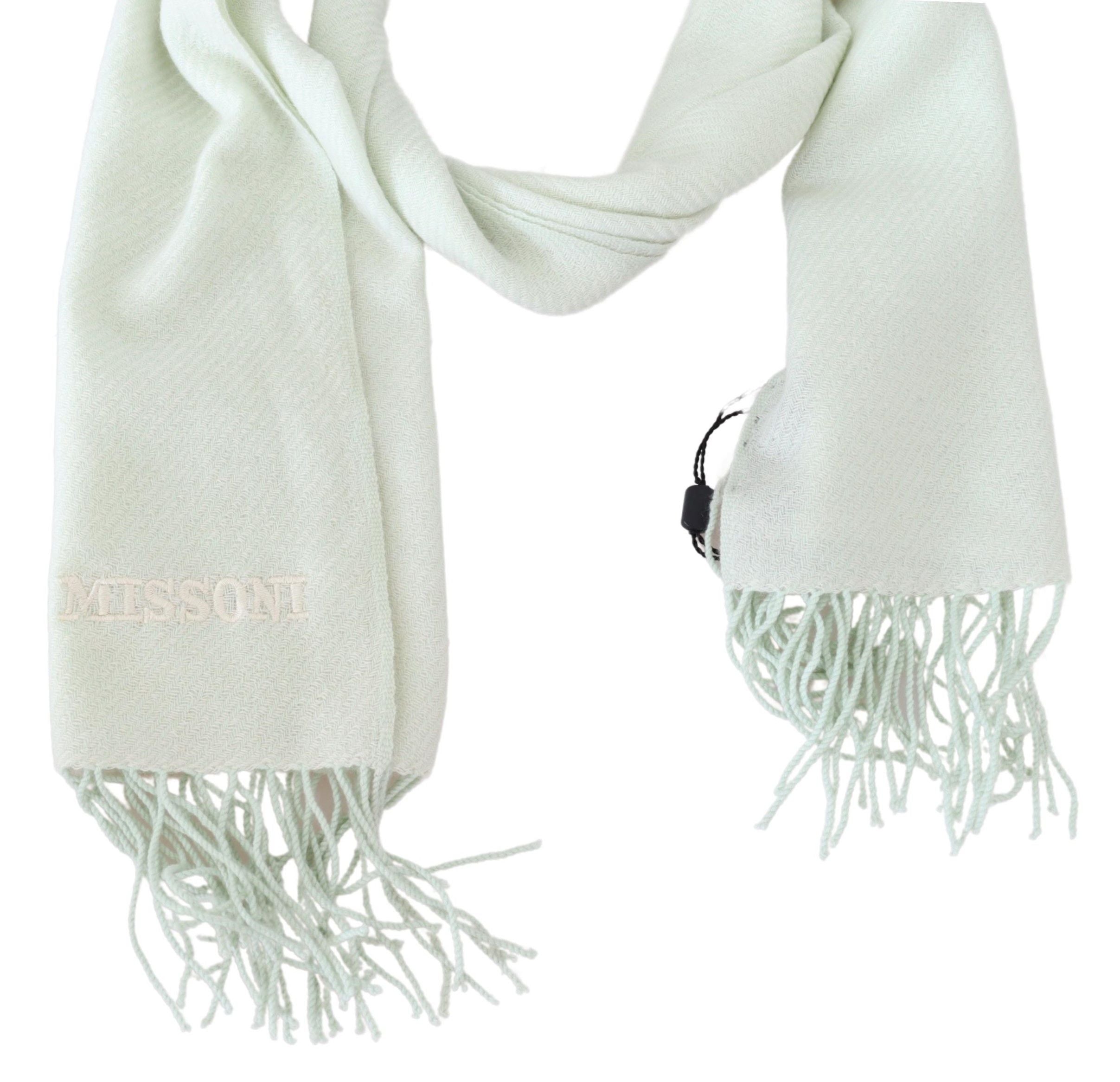 Missoni Light Green Cashmere Scarf with Pattern and Fringes, Unisex