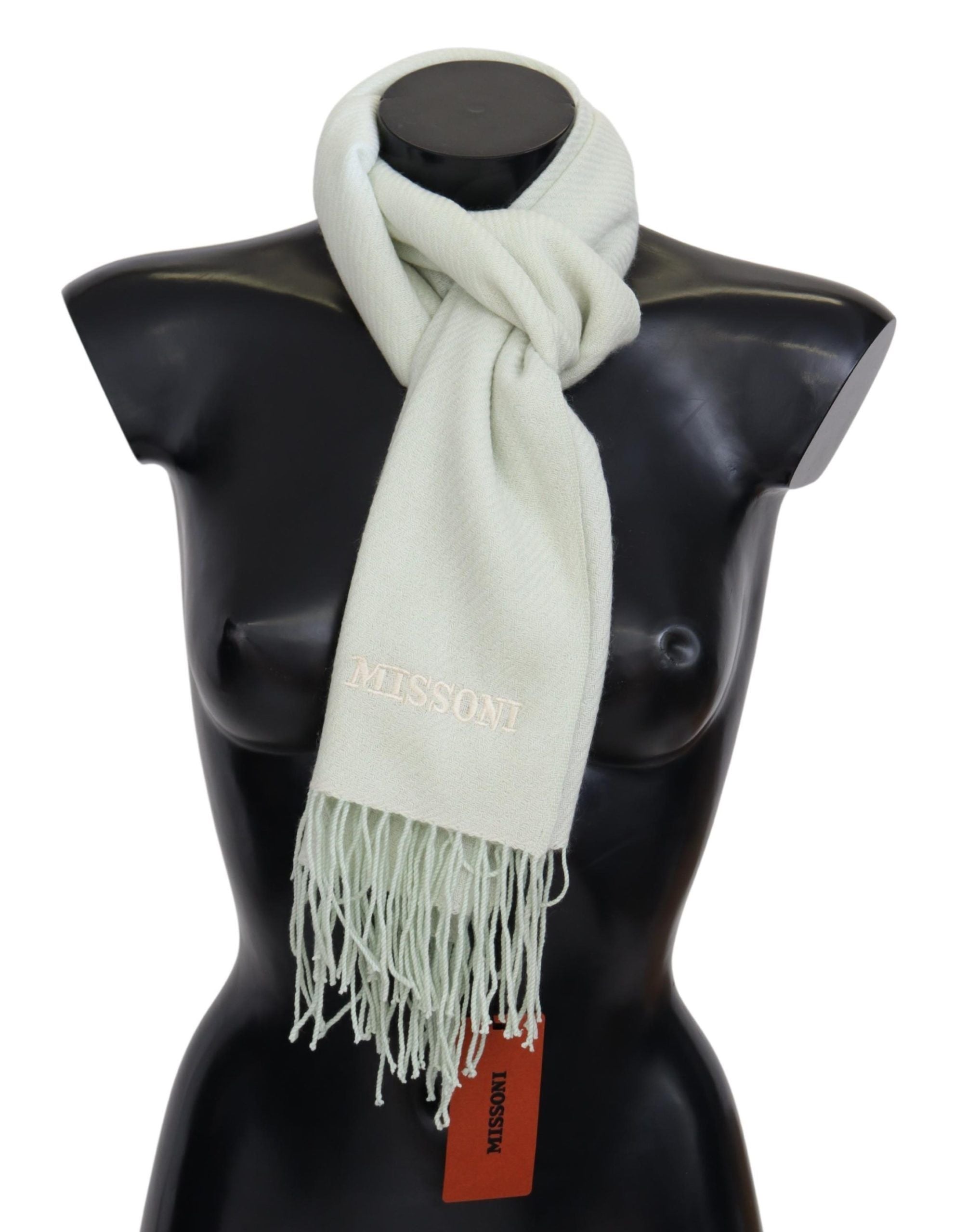 Missoni Light Green Cashmere Scarf with Pattern and Fringes, Unisex