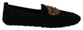 Dolce & Gabbana Schwarzes Leder Crystal Gold Crown Loafers Schuhe