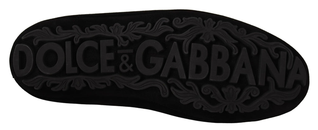 Dolce & Gabbana Schwarzes Leder Crystal Gold Crown Loafers Schuhe