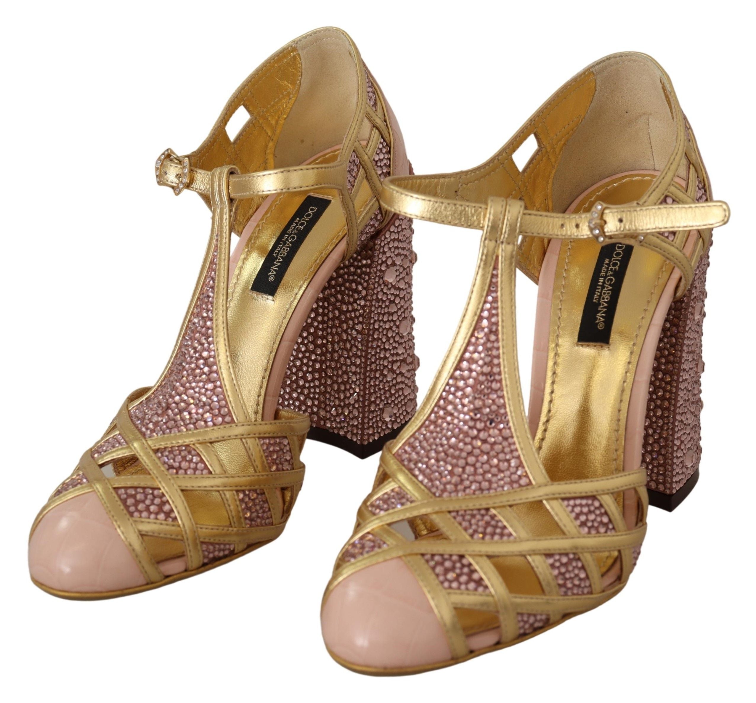 Dolce & Gabbana Rose Gold Leather Crystal Pumps T-Strap Shoes