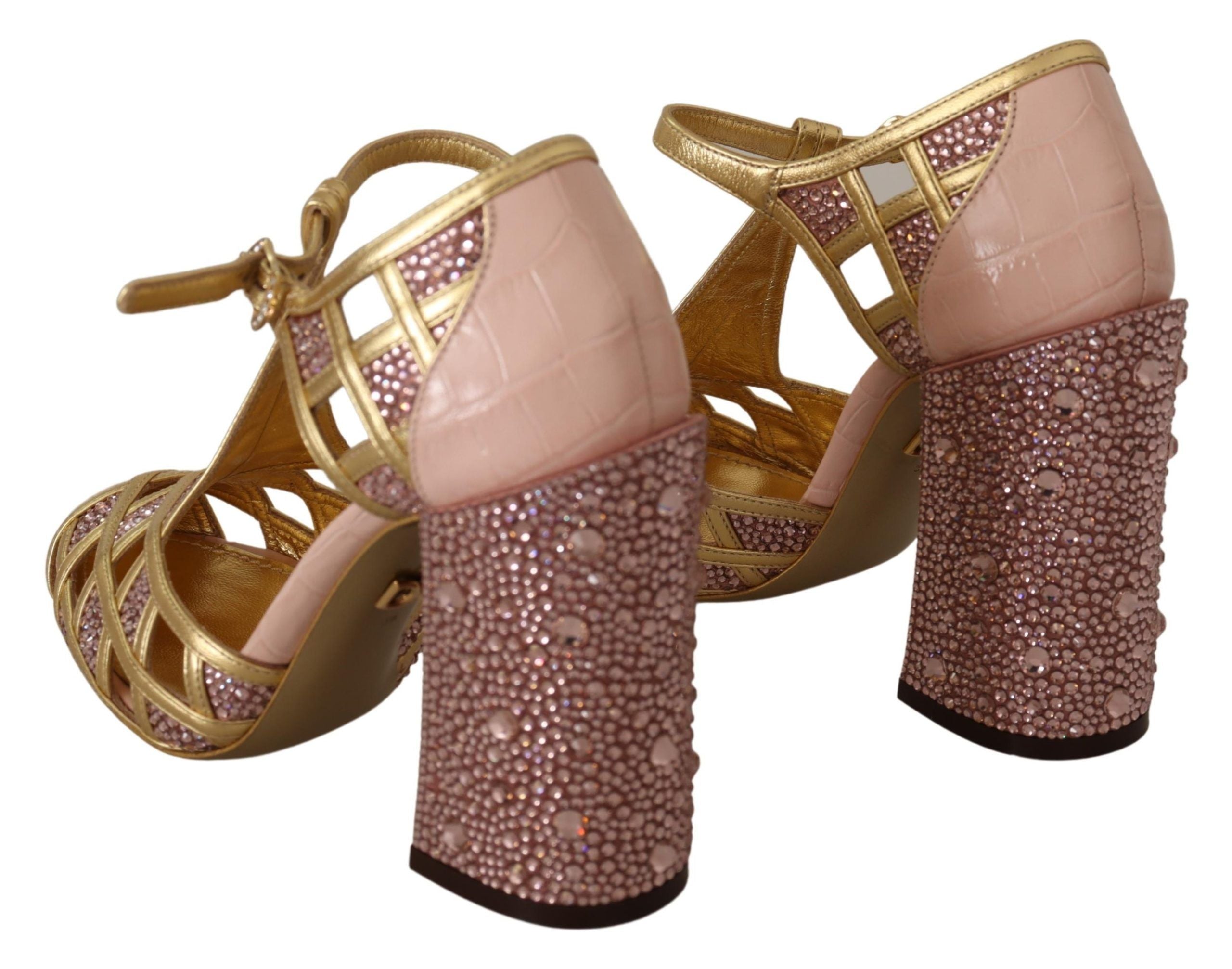 Dolce & Gabbana Rose Gold Leather Crystal Pumps T-Strap Shoes