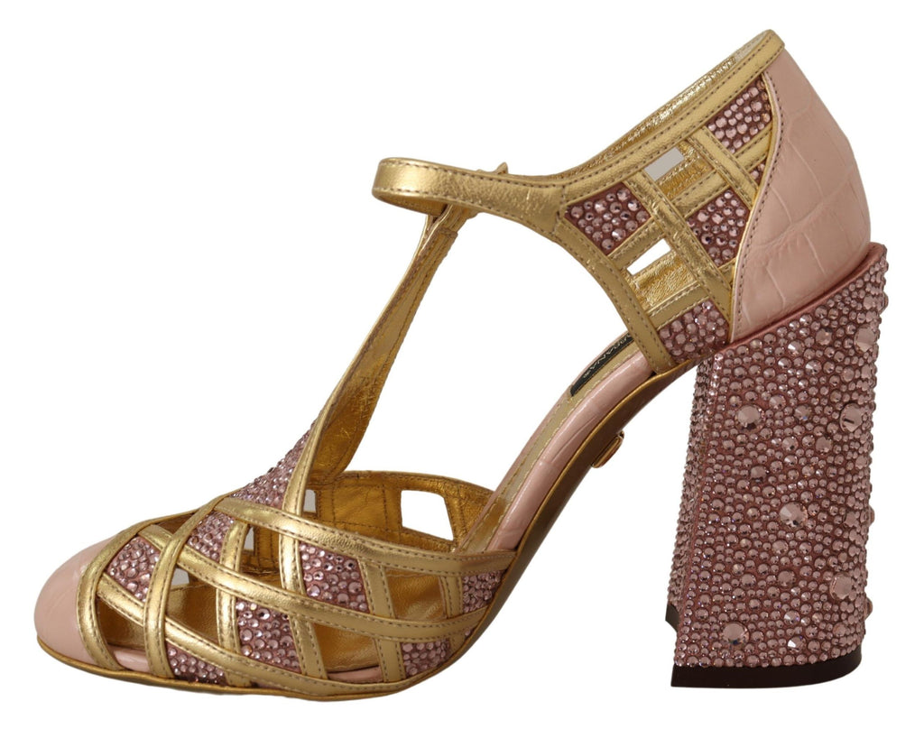 Dolce & Gabbana Rose Gold Leather Crystal Pumps T-Strap Shoes