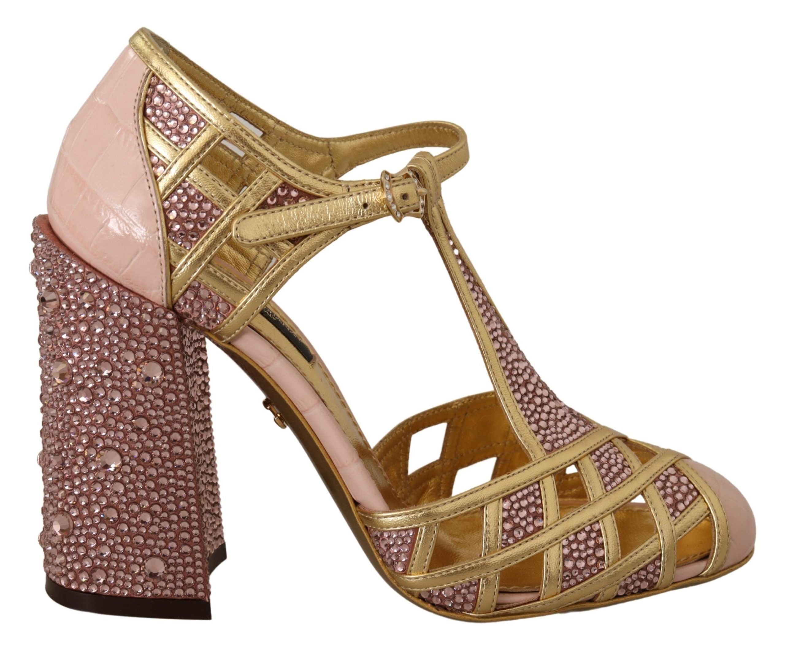 Dolce & Gabbana Rose Gold Leather Crystal Pumps T-Strap Shoes