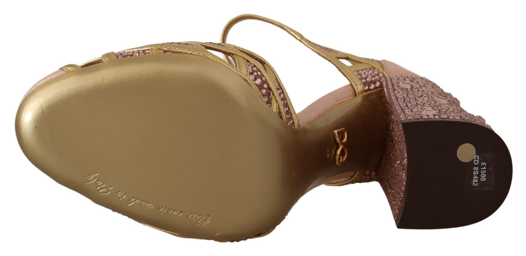Dolce & Gabbana Rose Gold Leather Crystal Pumps T-Strap Shoes