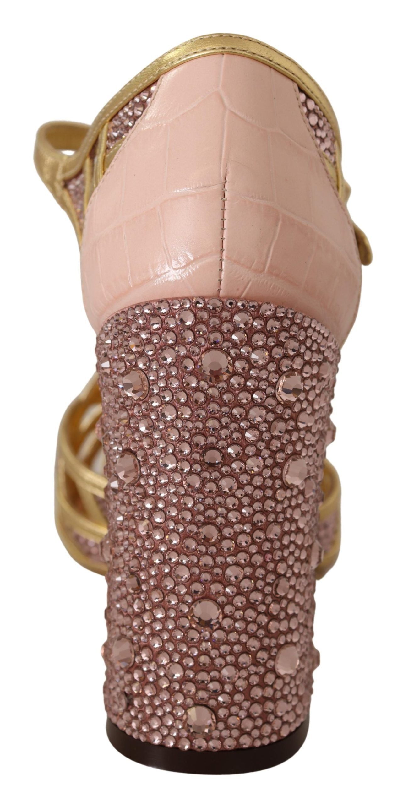 Dolce & Gabbana Rose Gold Leather Crystal Pumps T-Strap Shoes