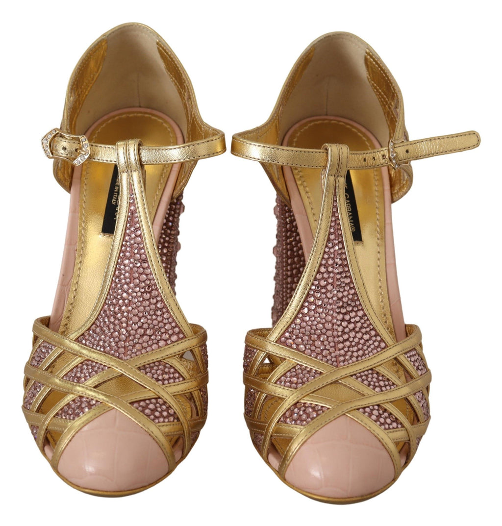 Dolce & Gabbana Rose Gold Leather Crystal Pumps T-Strap Shoes