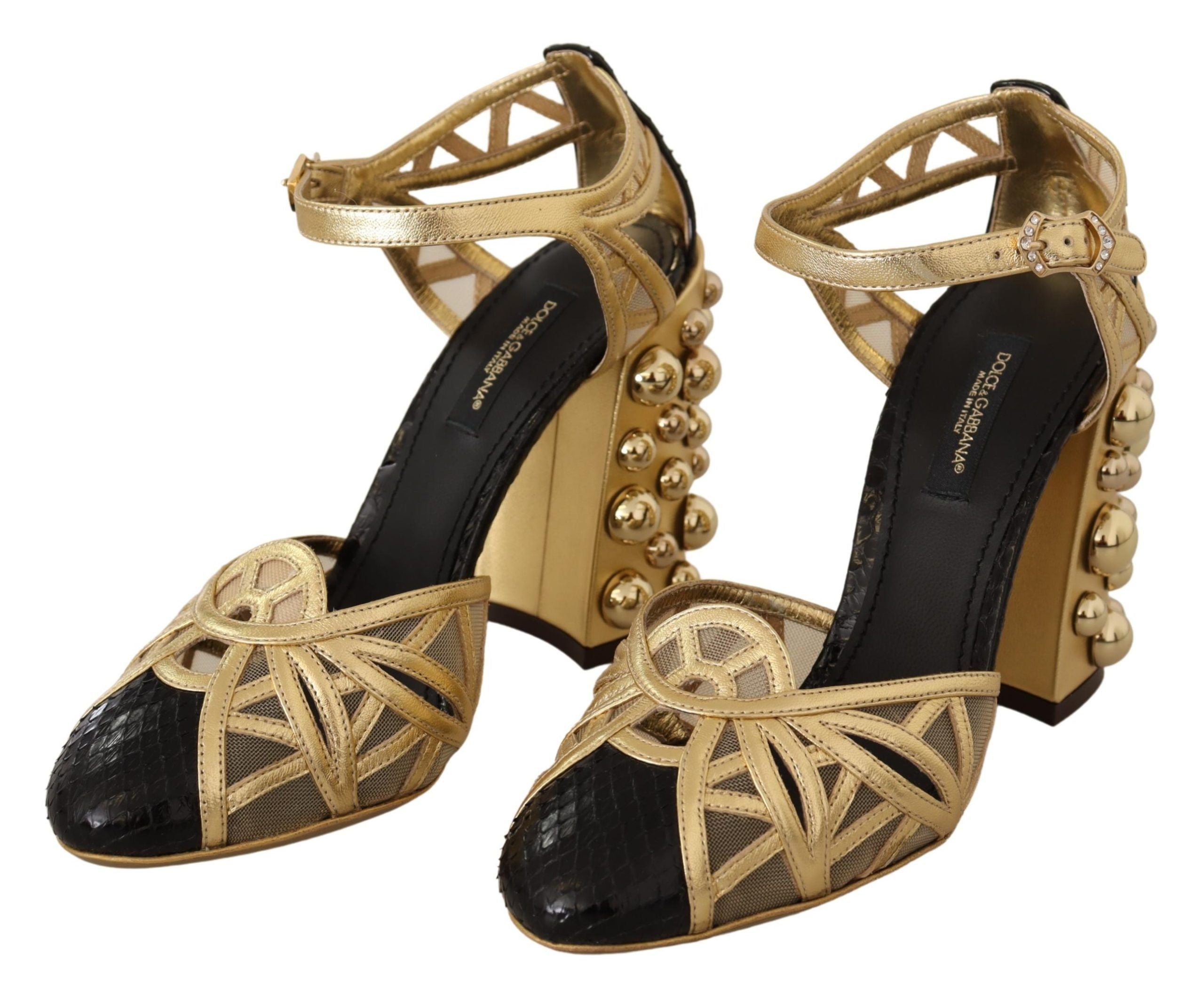 Dolce & Gabbana Black Gold Leather Studded Strap Shoes