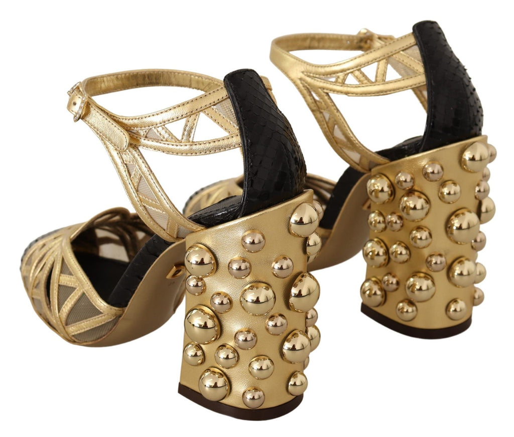 Dolce & Gabbana Black Gold Leather Studded Strap Shoes