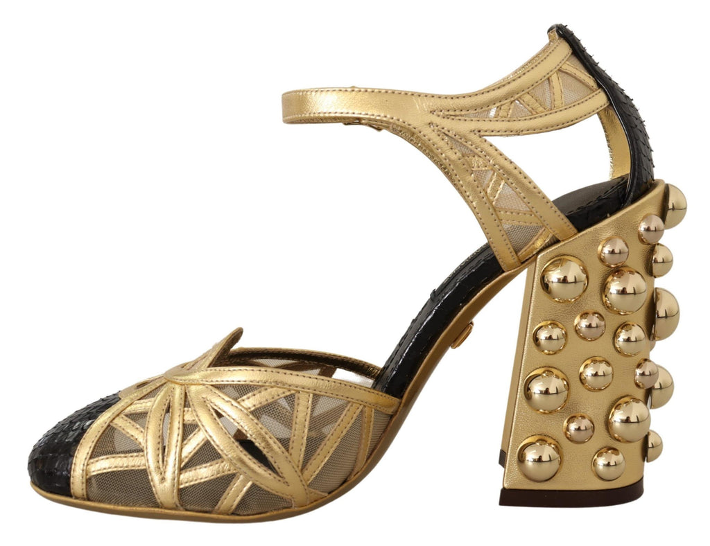 Dolce & Gabbana Black Gold Leather Studded Strap Shoes