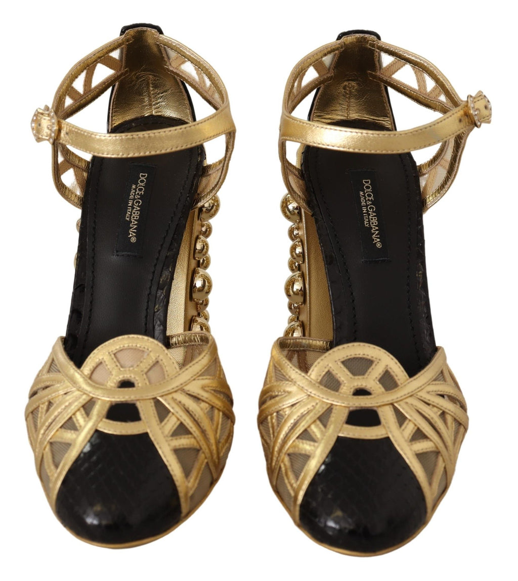 Dolce & Gabbana Black Gold Leather Studded Strap Shoes