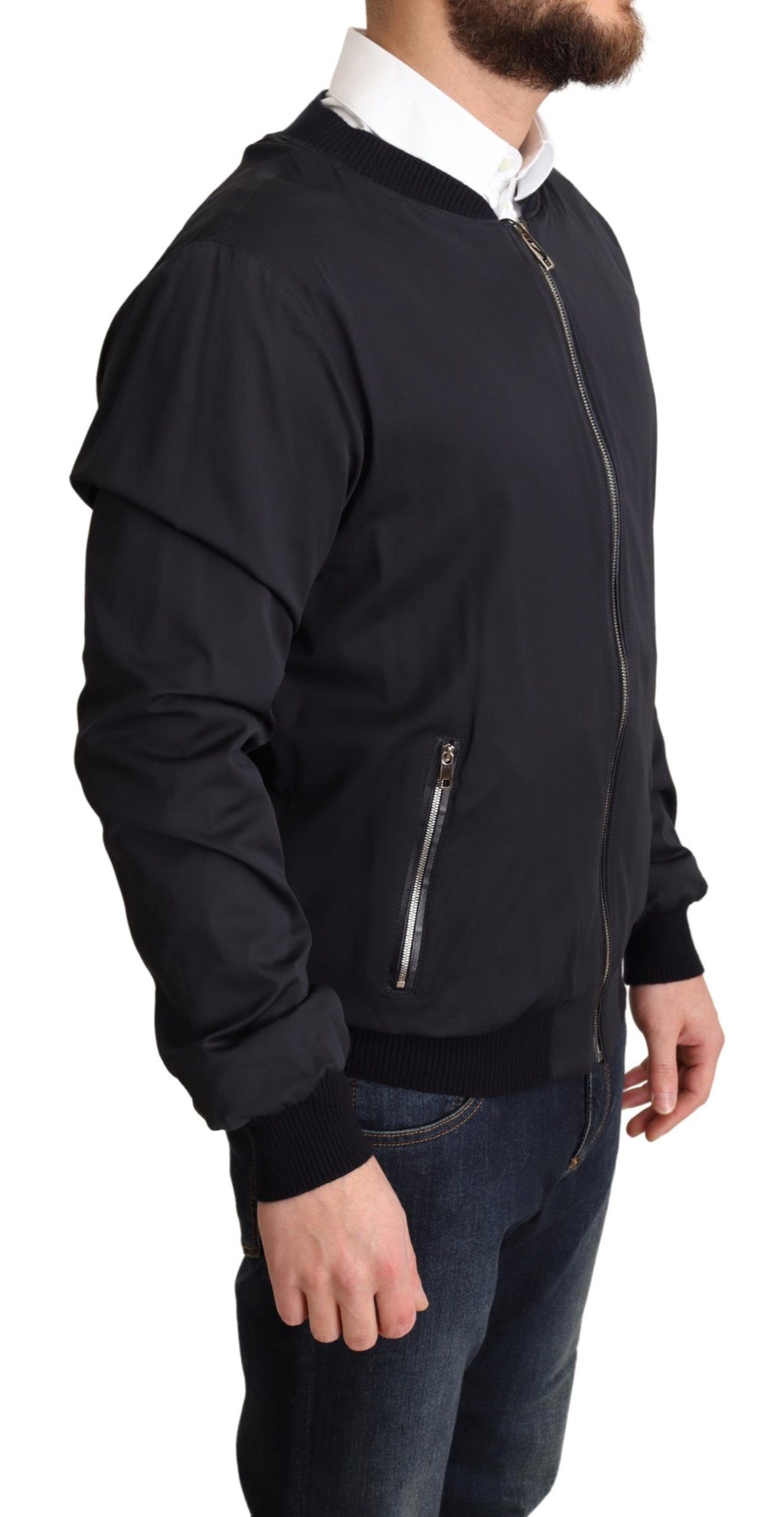 Dolce & Gabbana Blue Silk Coat Short Bomber Men's Jacket