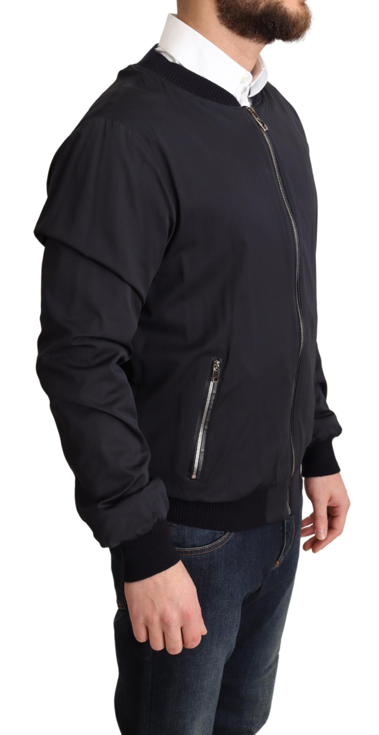 Dolce & Gabbana Blue Silk Coat Short Bomber Men's Jacket