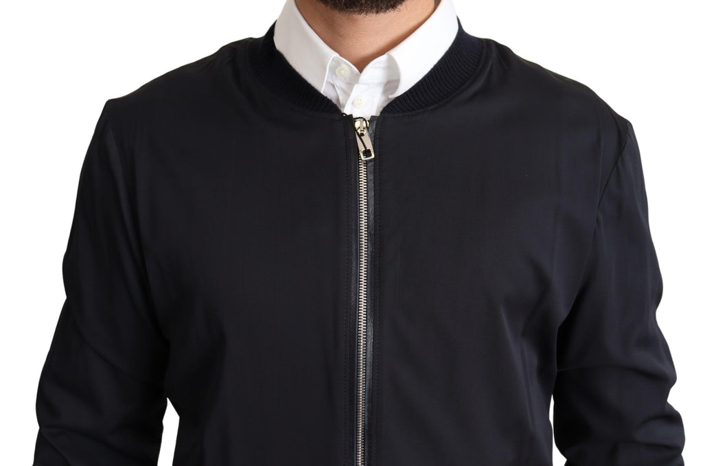 Dolce & Gabbana Blue Silk Coat Short Bomber Men's Jacket