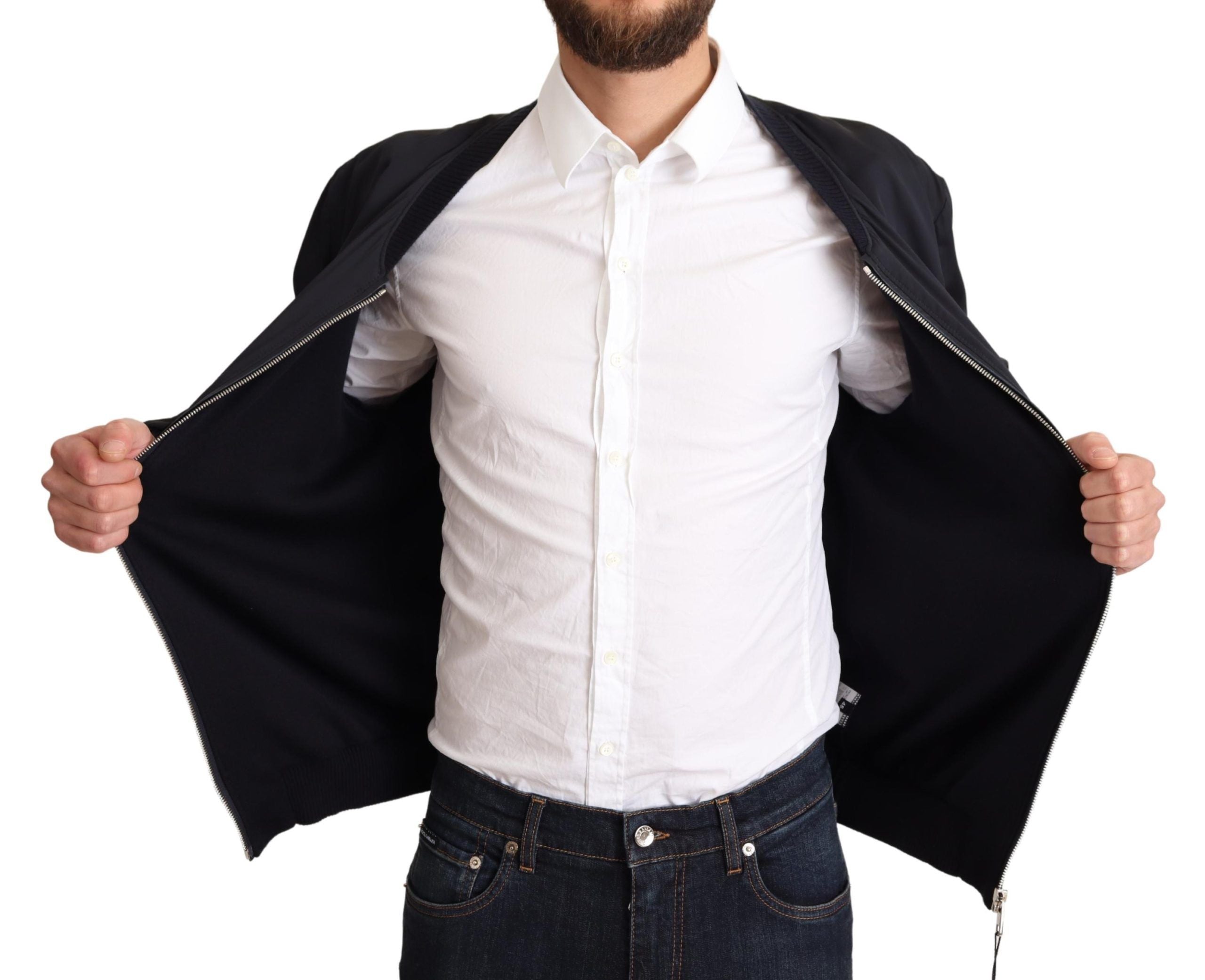 Dolce & Gabbana Blue Silk Coat Short Bomber Men's Jacket