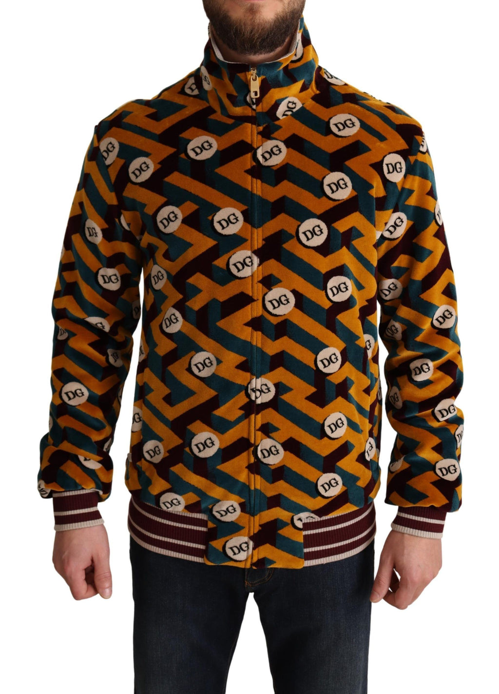 Dolce & Gabbana Multicolor Velvet DG Logo Men's Pullover Jacket