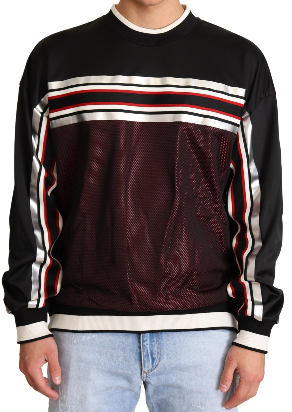 Dolce & Gabbana Schwarzer roter Mesh Sport Pullover mit Rundhalsausschnitt