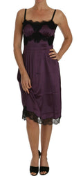 Dolce & Gabbana Lila Seidenstretchkleid mit schwarzer Spitze in A-Linie