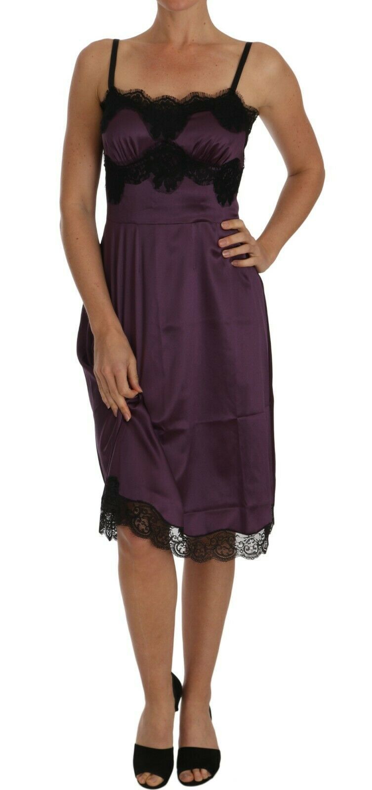 Dolce & Gabbana Lila Seidenstretchkleid mit schwarzer Spitze in A-Linie