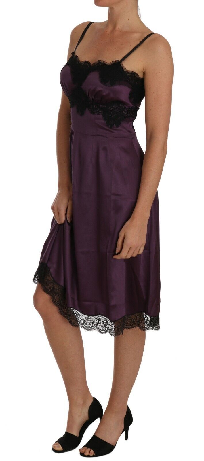Dolce & Gabbana Lila Seidenstretchkleid mit schwarzer Spitze in A-Linie