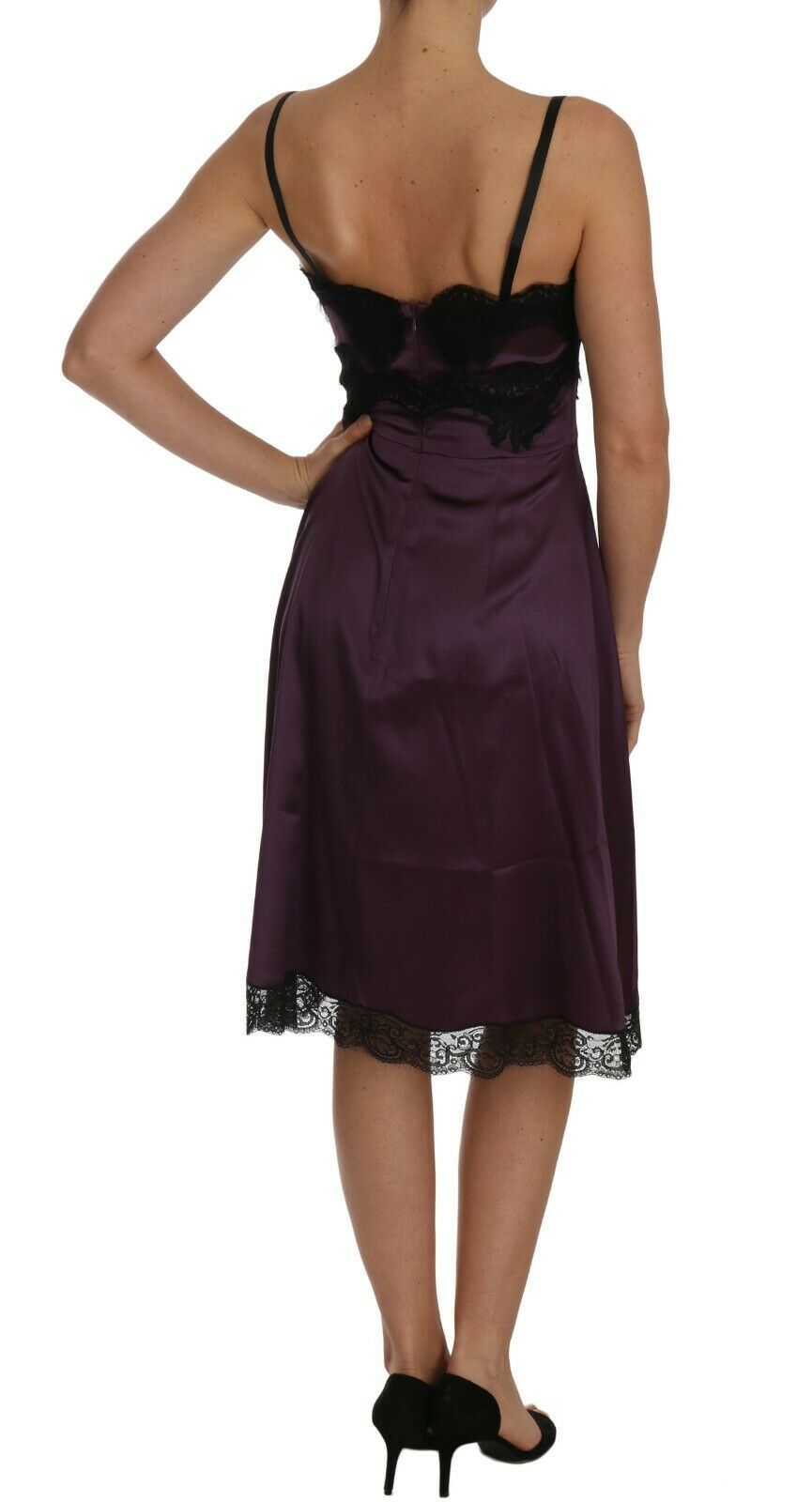Dolce & Gabbana Lila Seidenstretchkleid mit schwarzer Spitze in A-Linie