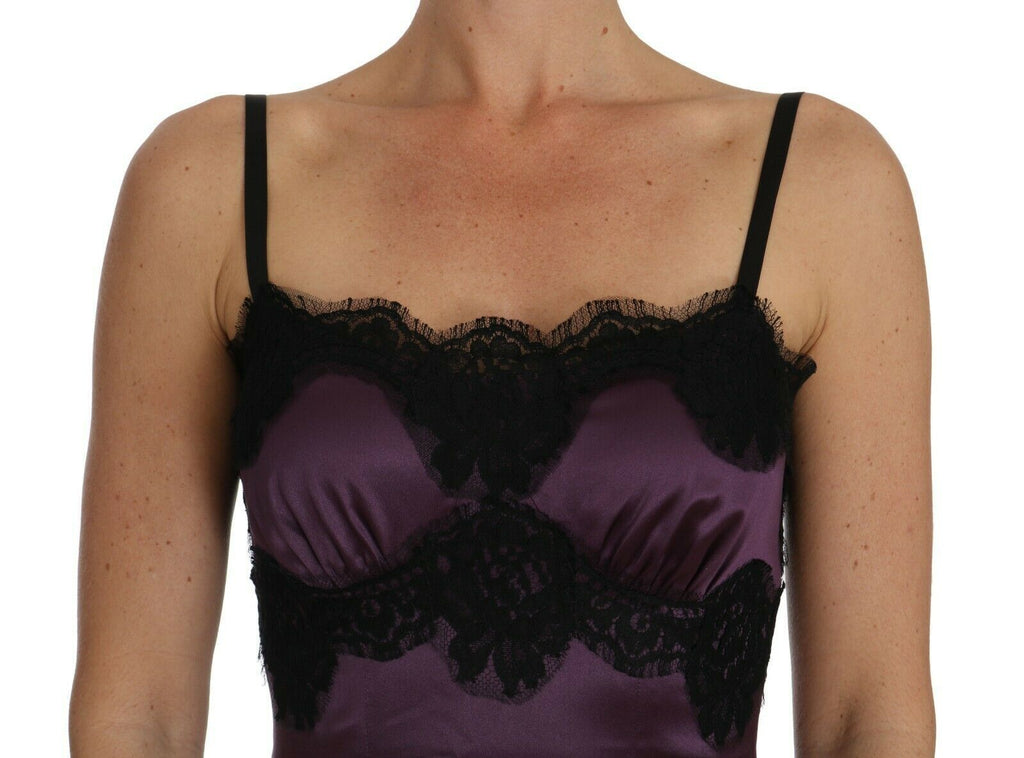 Dolce & Gabbana Lila Seidenstretchkleid mit schwarzer Spitze in A-Linie