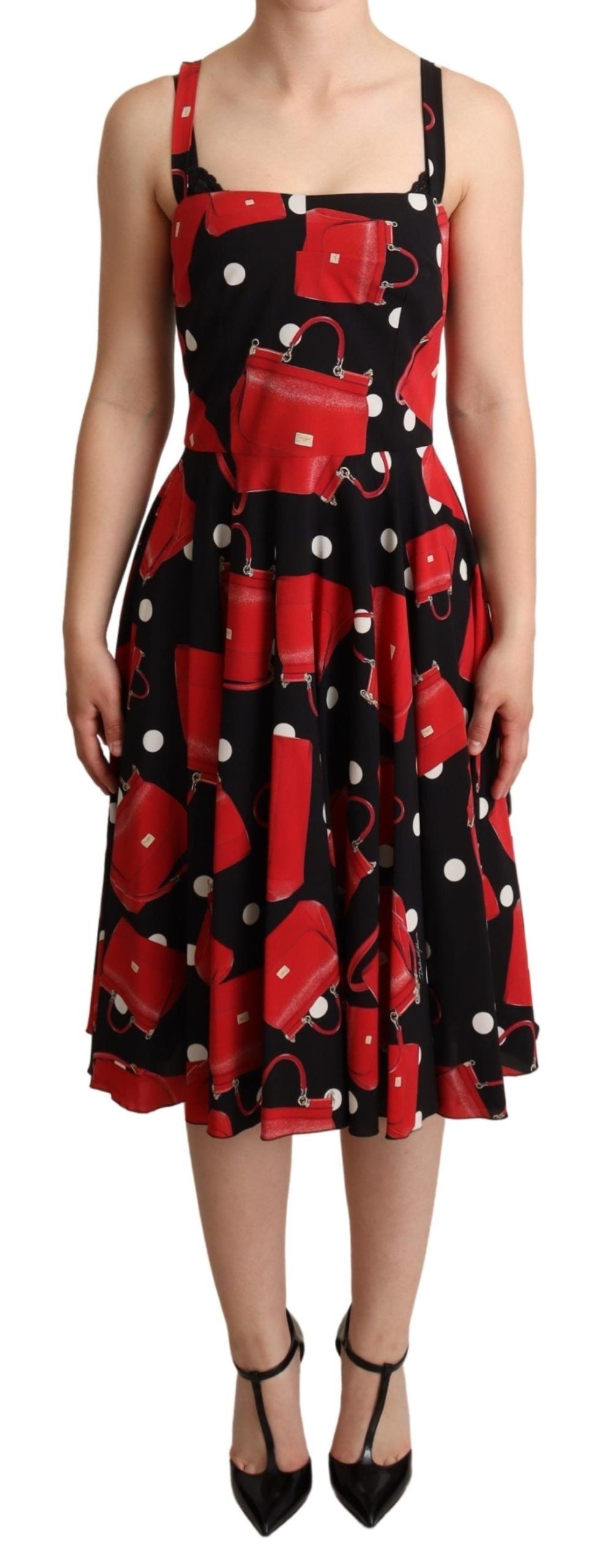 Dolce & Gabbana Schwarzer roter Taschenaufdruck A-Linien-Kleid in mittlerer Länge