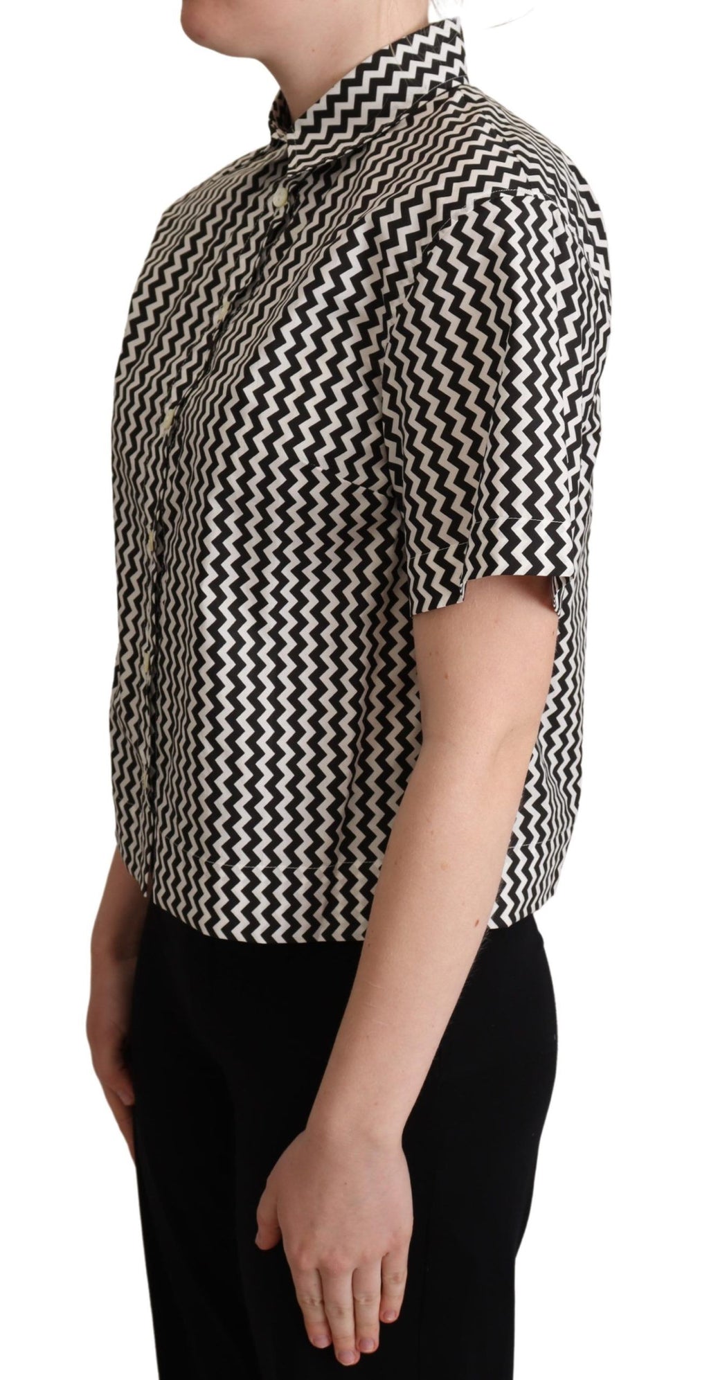 Dolce & Gabbana Schwarz Weiß Zickzack Kragen Baumwolle Top Shirt