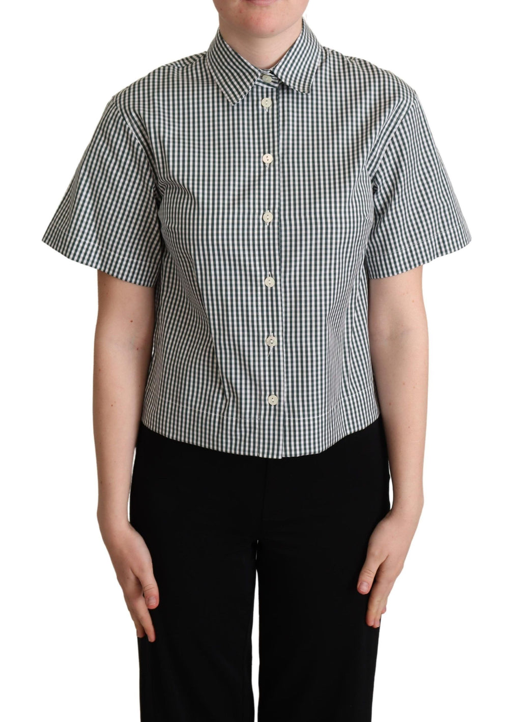 Dolce & Gabbana Weißes grünes Baumwollkarohemd Bluse Oberteil