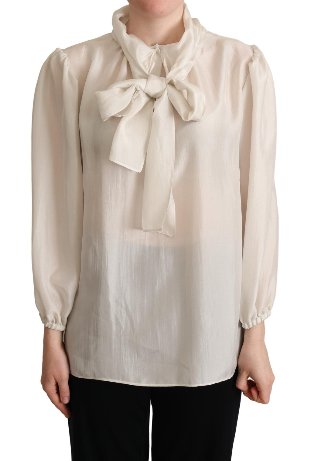Dolce & Gabbana Light Grey Ascot Collar Silk Blouse Top
