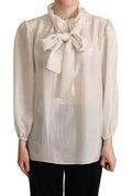 Dolce & Gabbana Light Grey Ascot Collar Silk Blouse Top