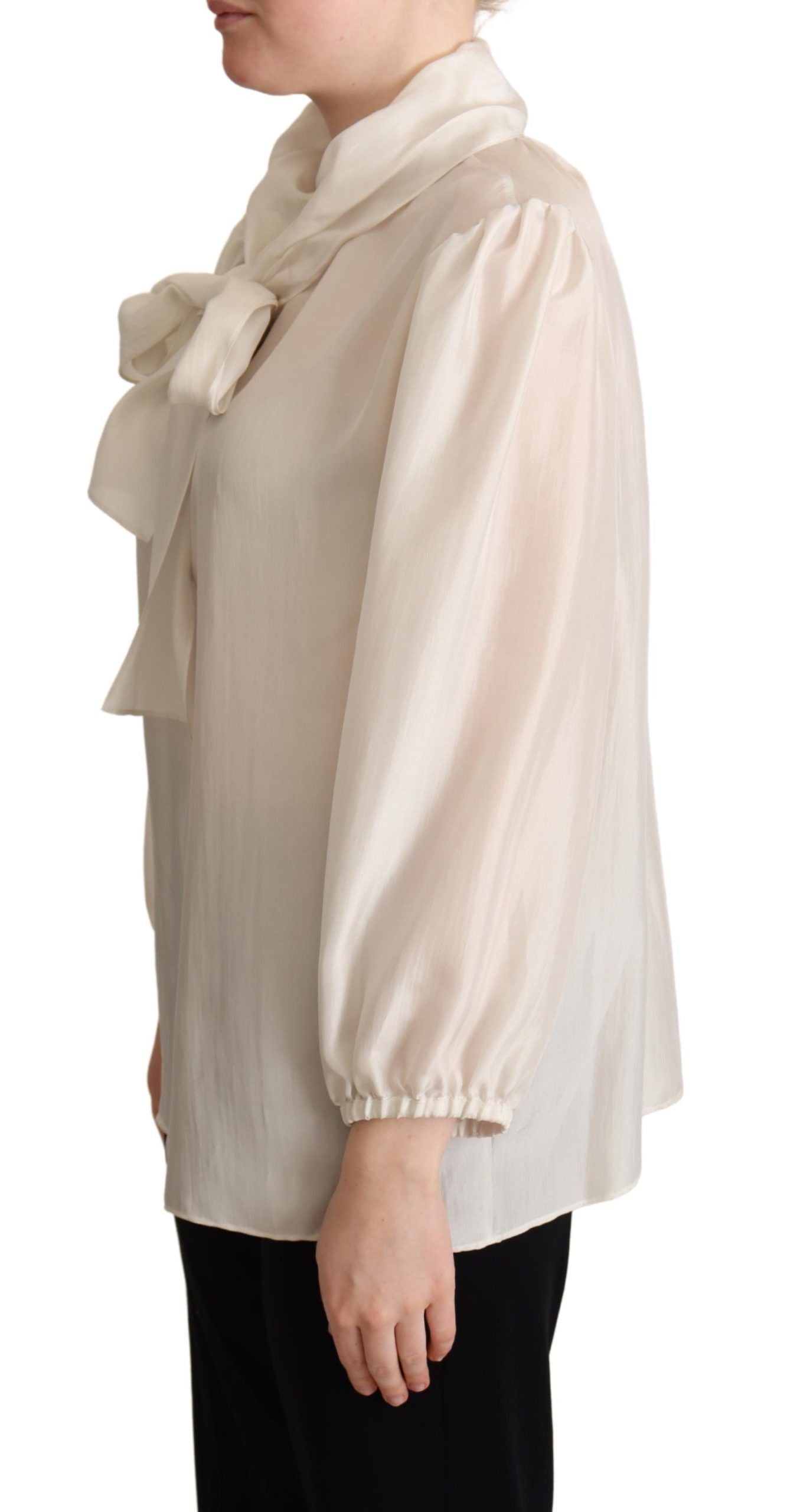 Dolce & Gabbana Light Grey Ascot Collar Silk Blouse Top