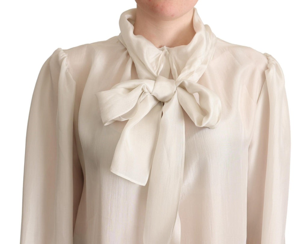 Dolce & Gabbana Light Grey Ascot Collar Silk Blouse Top
