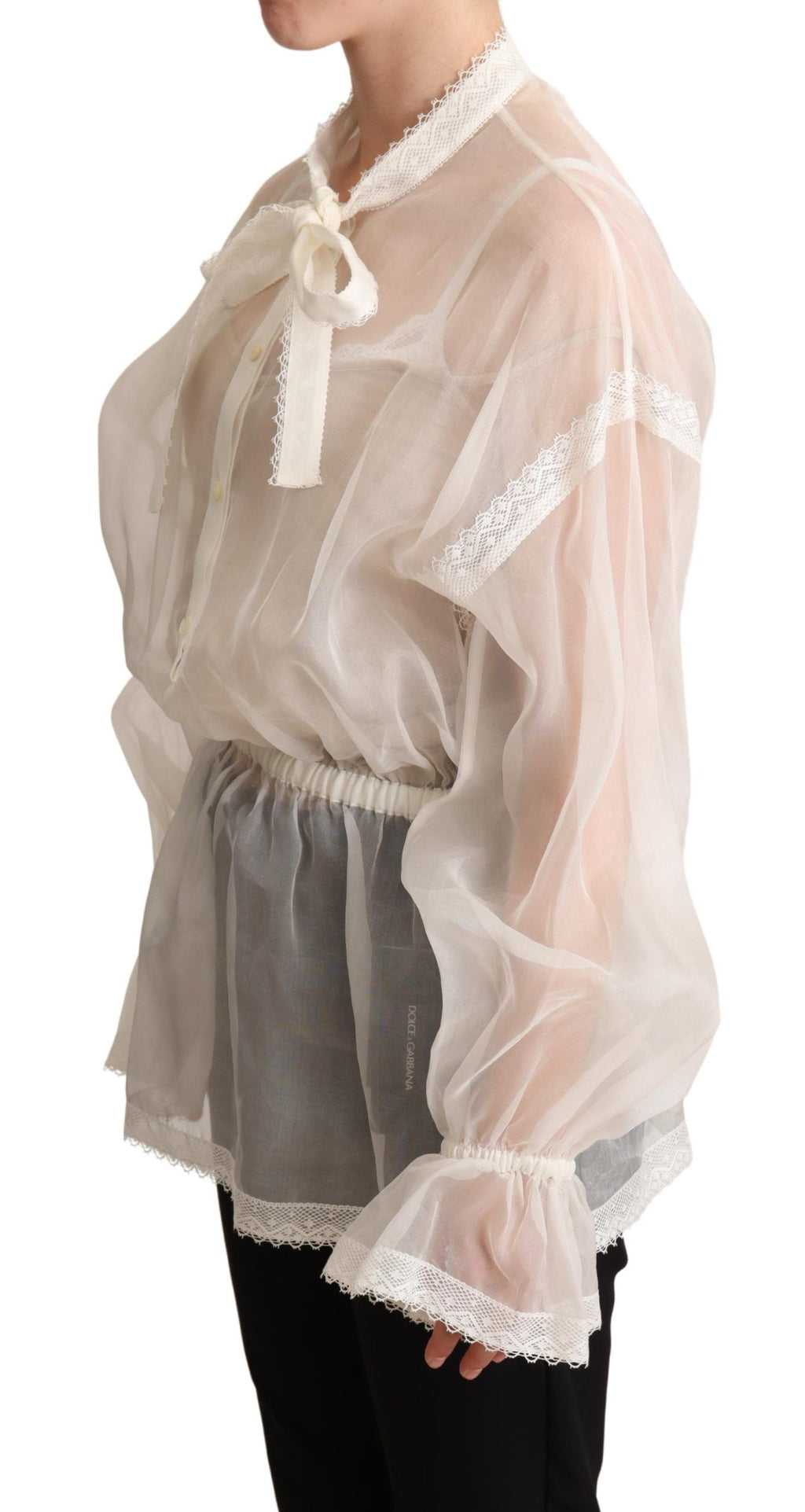 Dolce & Gabbana White Blouse Top with Ascot Collar and Long Sleeves