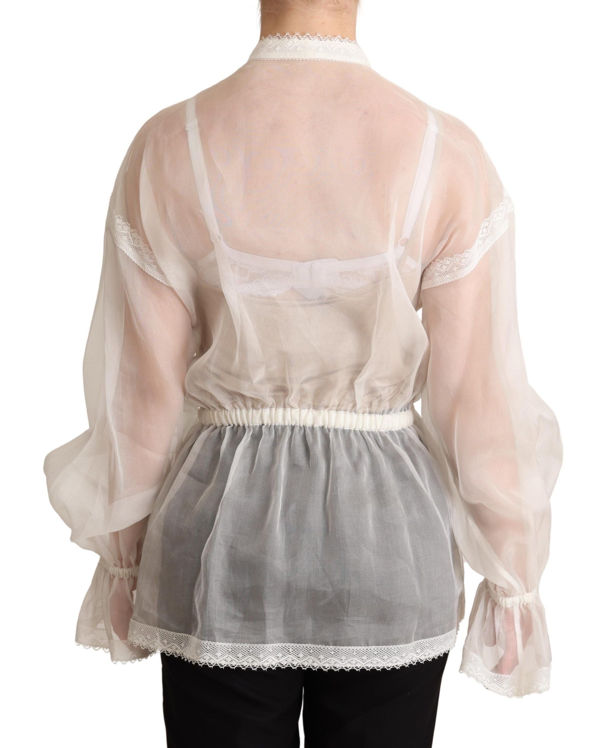 Dolce & Gabbana White Blouse Top with Ascot Collar and Long Sleeves