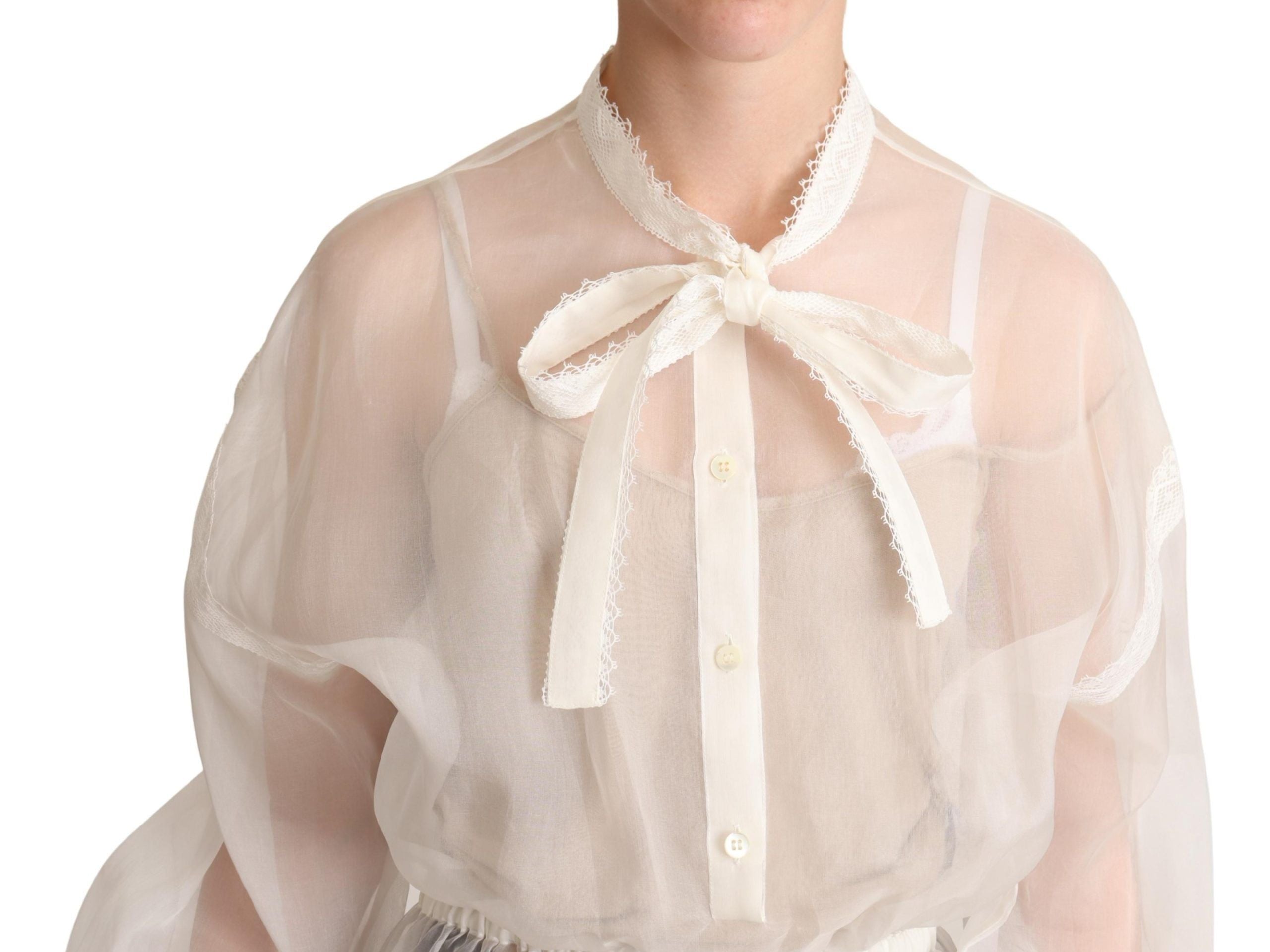 Dolce & Gabbana White Blouse Top with Ascot Collar and Long Sleeves