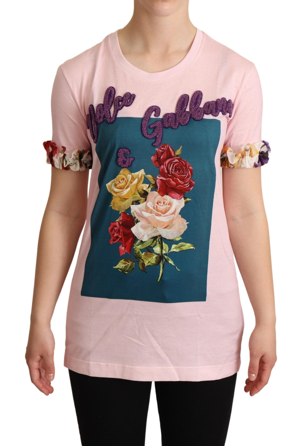 Dolce & Gabbana Pink Cotton Rose Print Crew Neck T-Shirt