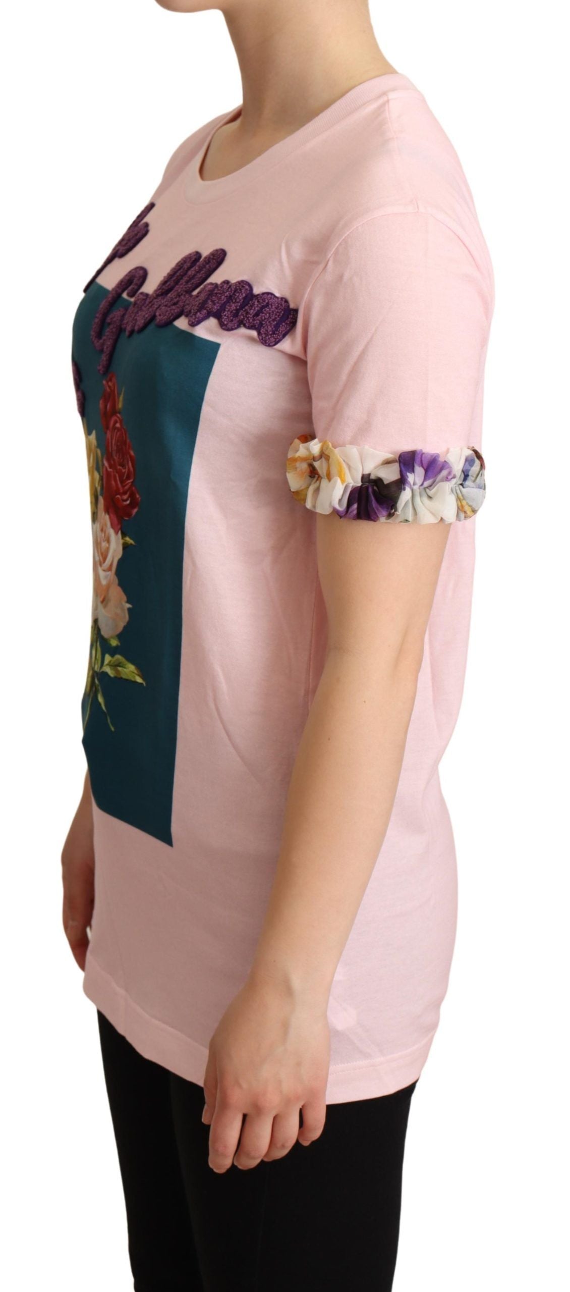 Dolce & Gabbana Pink Cotton Rose Print Crew Neck T-Shirt