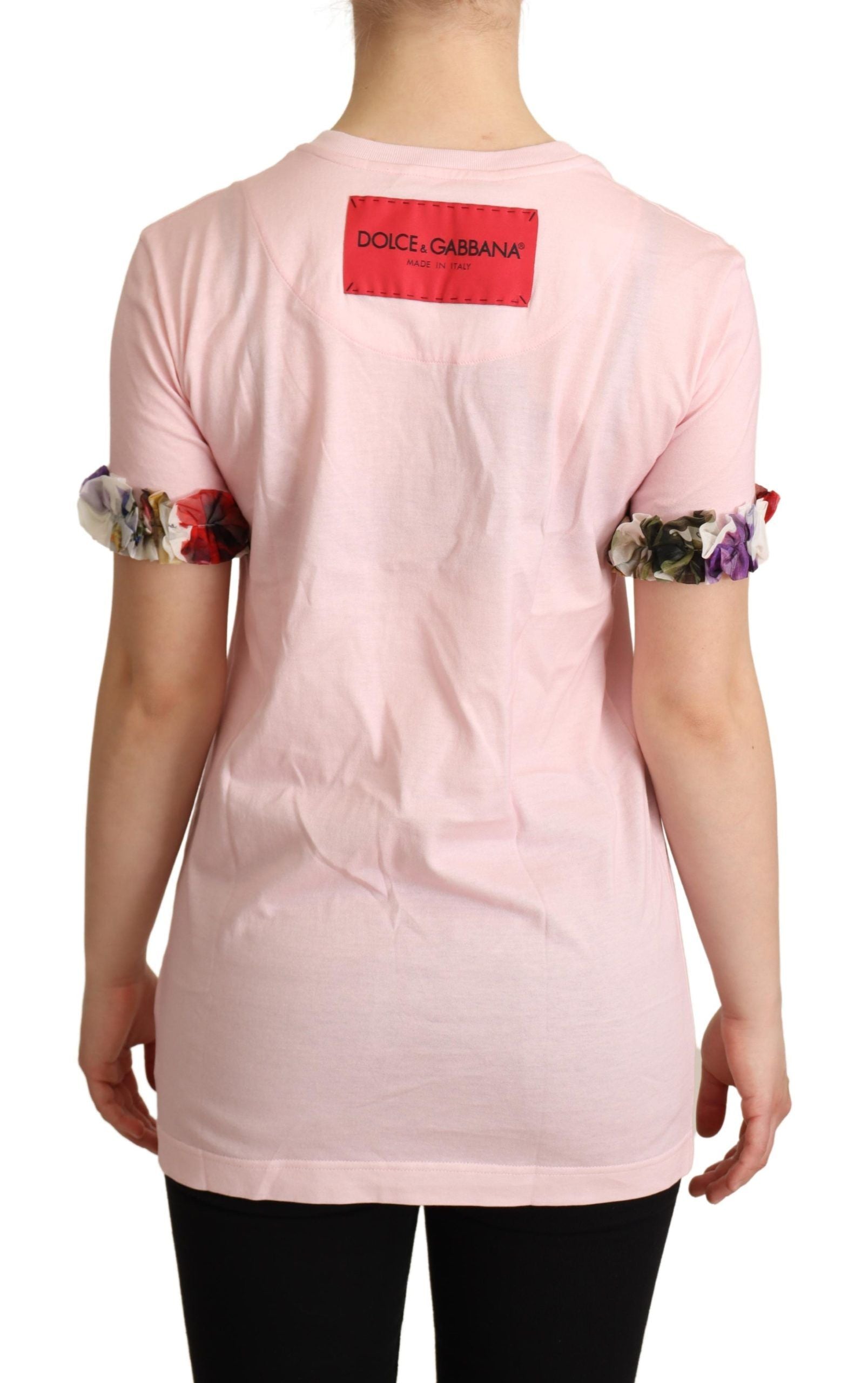 Dolce & Gabbana Pink Cotton Rose Print Crew Neck T-Shirt
