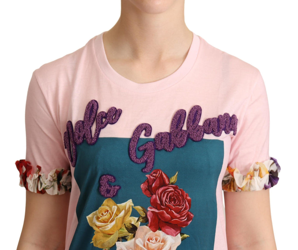 Dolce & Gabbana Pink Cotton Rose Print Crew Neck T-Shirt