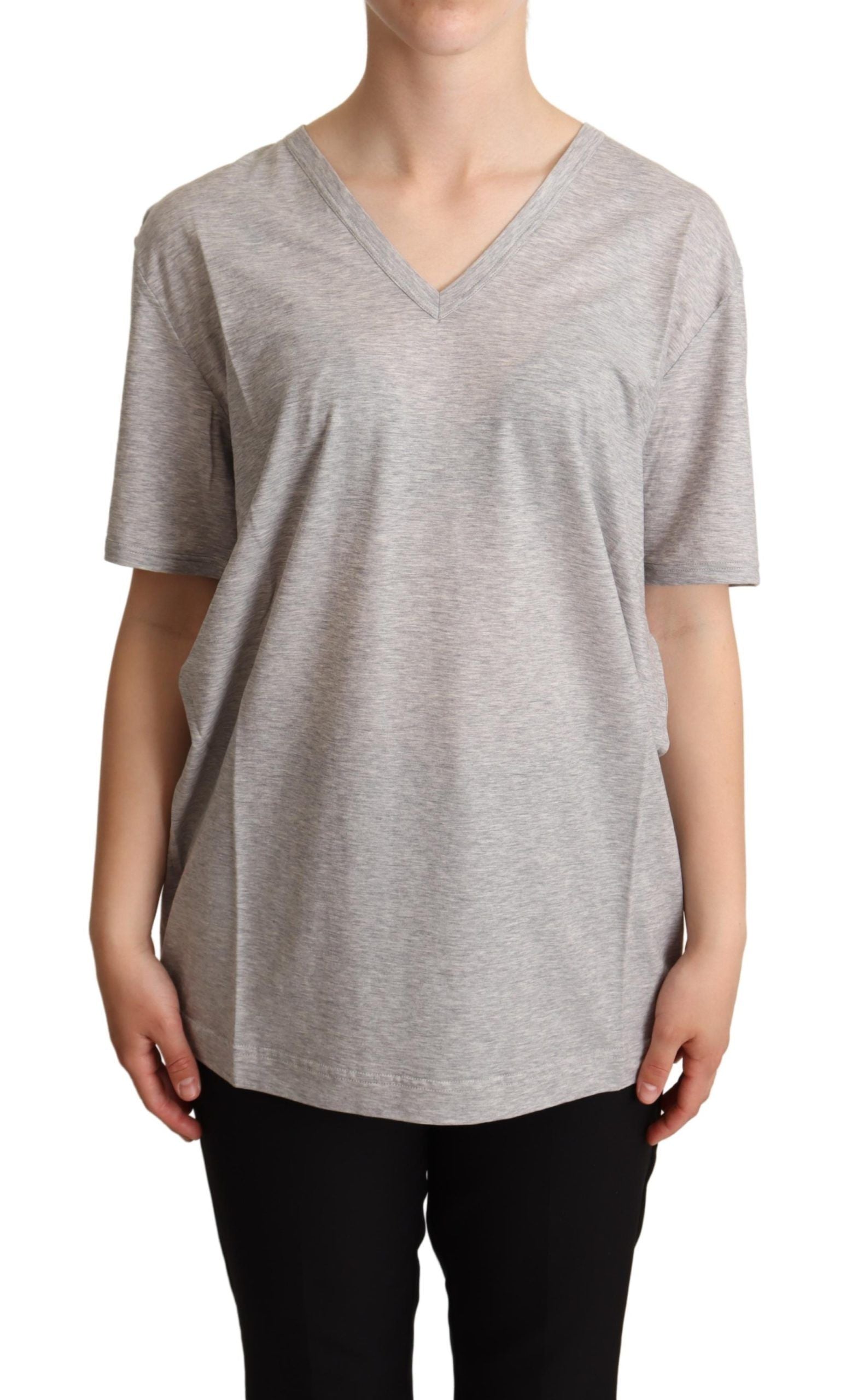 Dolce & Gabbana Graues solides T-Shirt mit V-Ausschnitt aus 100% Baumwolle