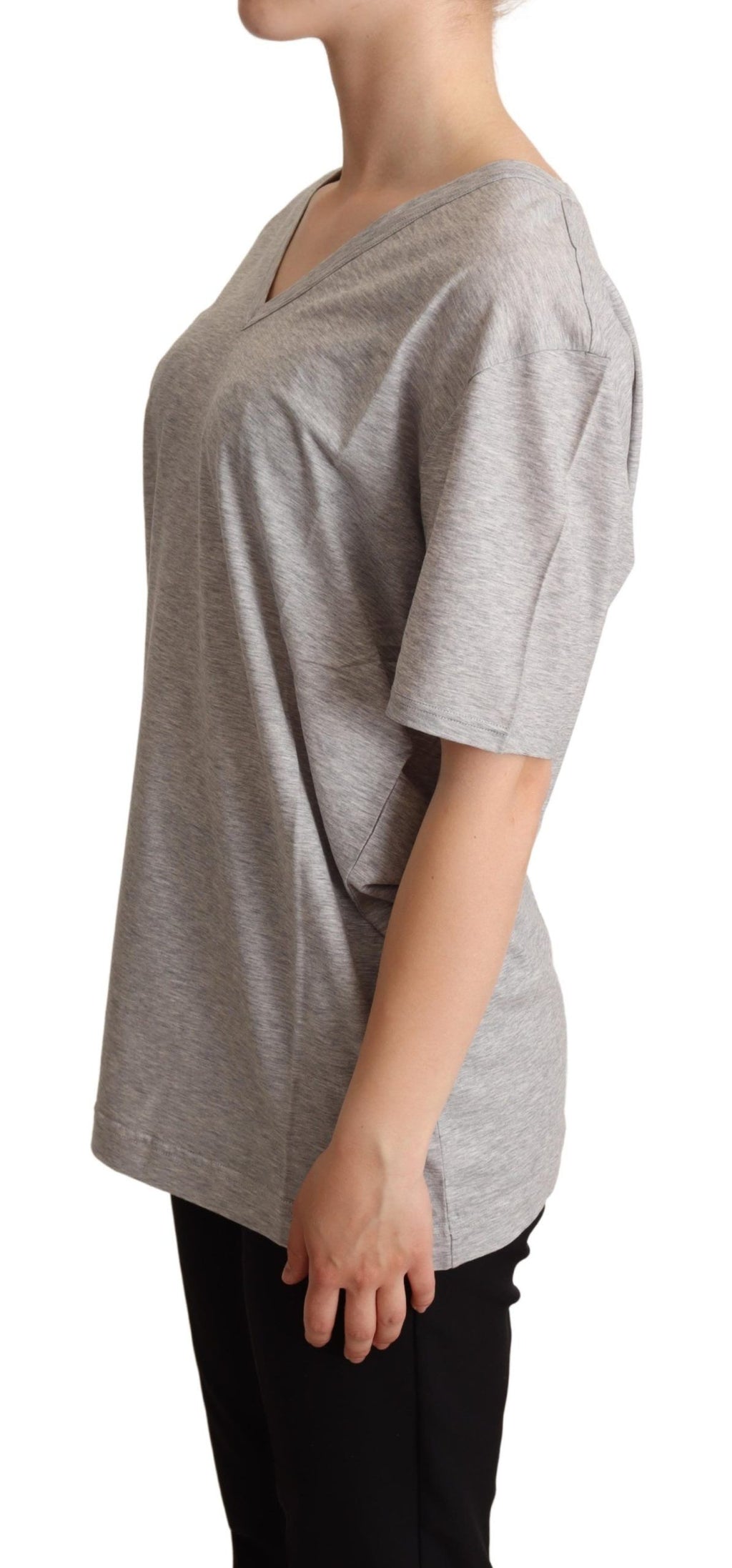 Dolce & Gabbana Graues solides T-Shirt mit V-Ausschnitt aus 100% Baumwolle