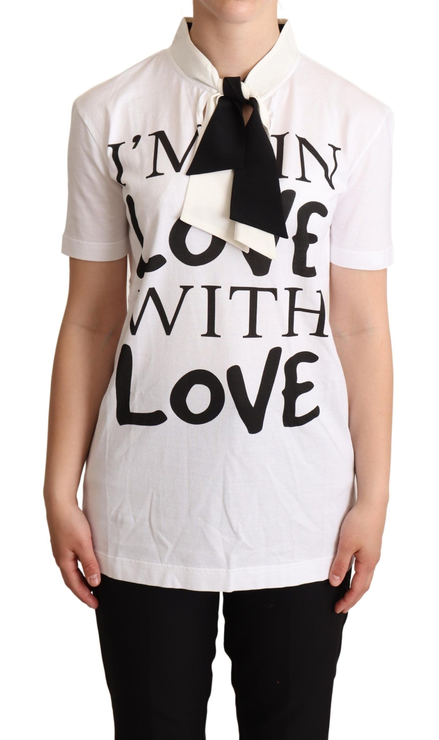 Dolce & Gabbana Weißes T-Shirt mit Ascot-Kragen aus Baumwoll-Seidenmischung