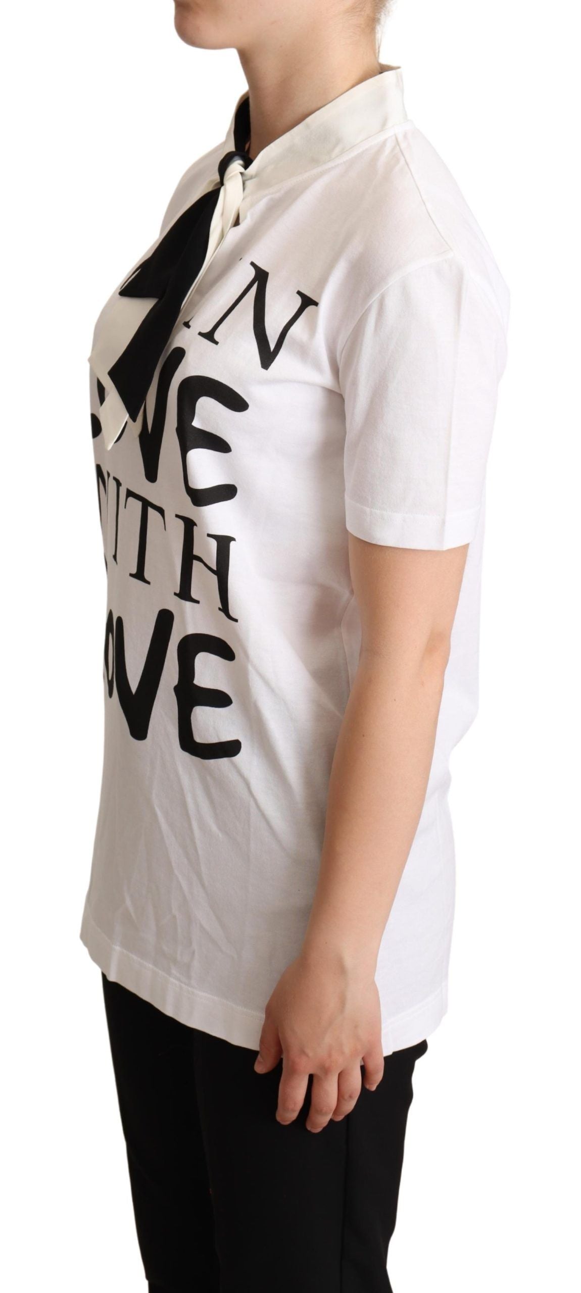 Dolce & Gabbana Weißes T-Shirt mit Ascot-Kragen aus Baumwoll-Seidenmischung