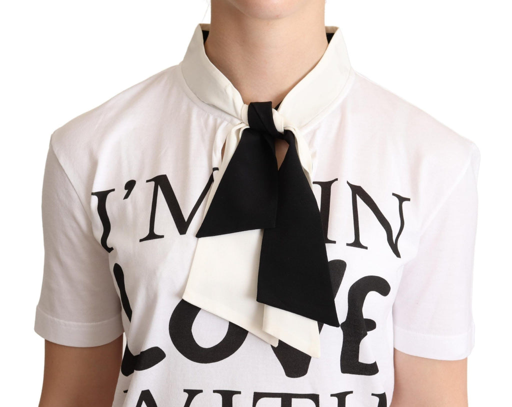 Dolce & Gabbana Weißes T-Shirt mit Ascot-Kragen aus Baumwoll-Seidenmischung