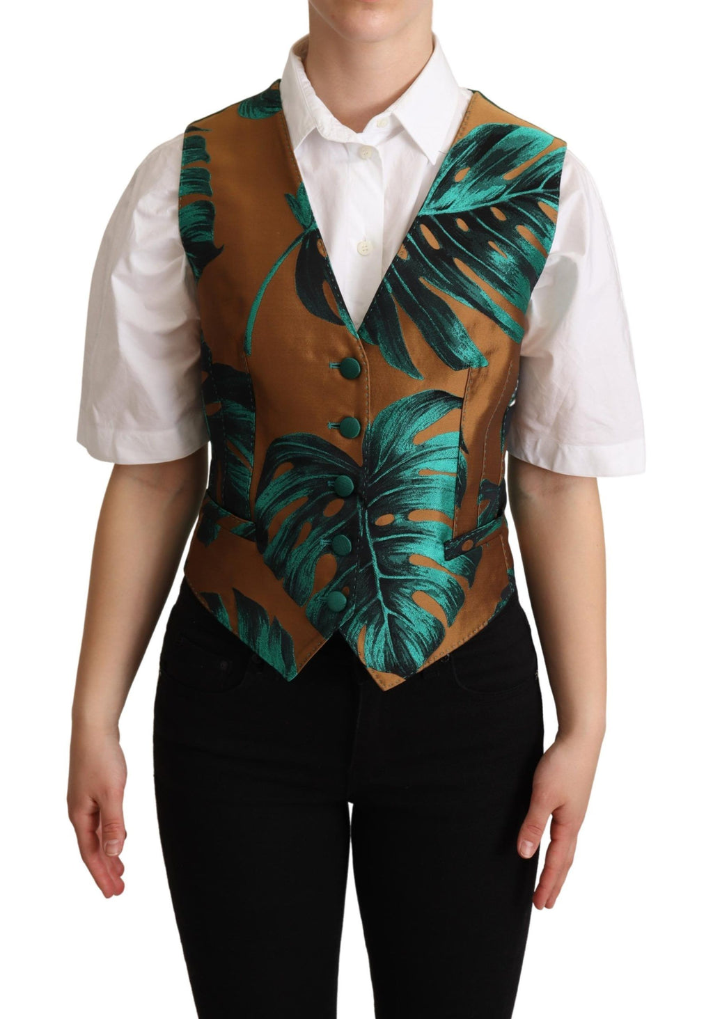 Dolce & Gabbana Grüne Jacquard-Blatt-Goldweste Weste