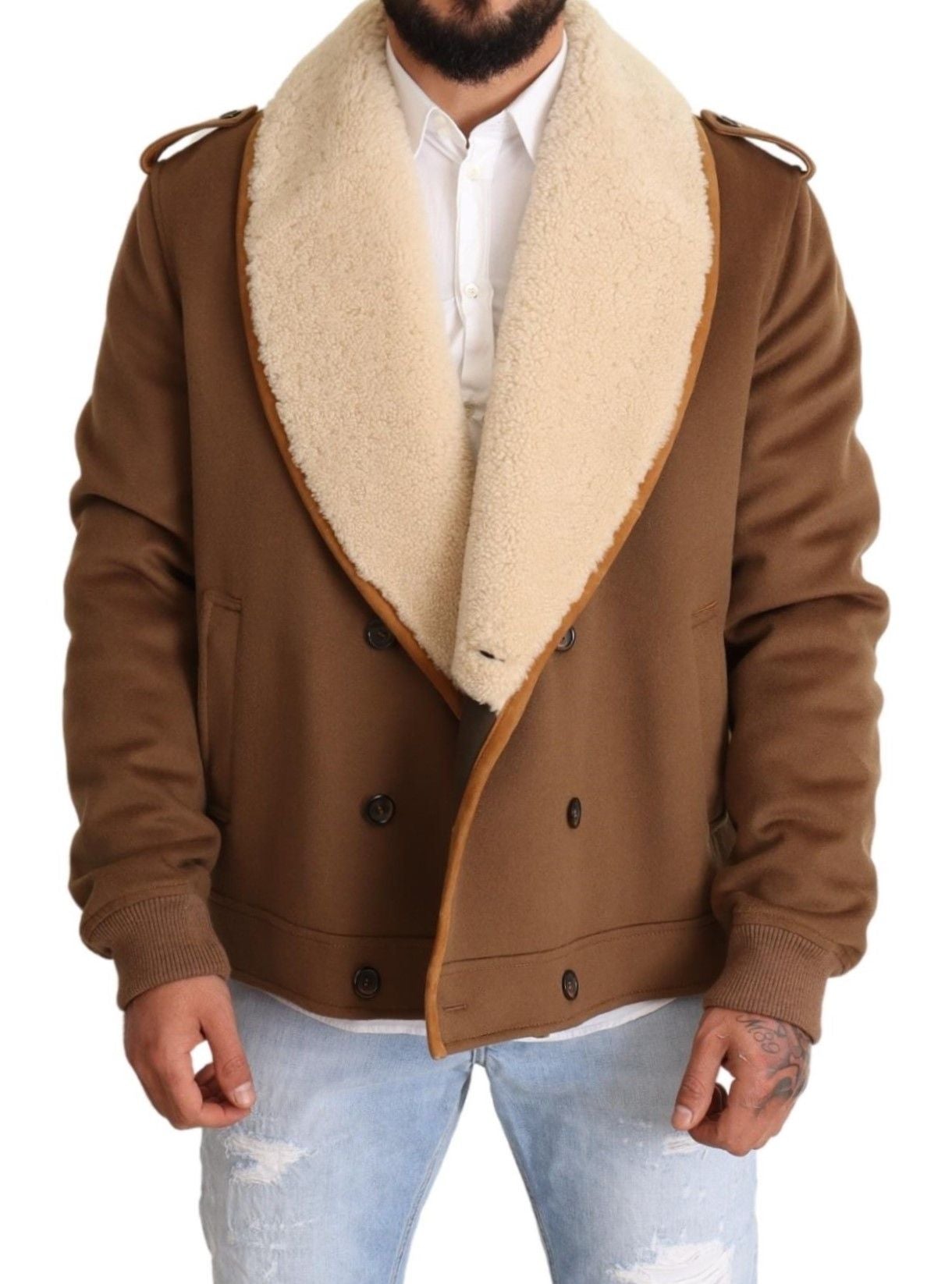 Dolce & Gabbana Brown Double-Breasted Shearling Coat Jacket